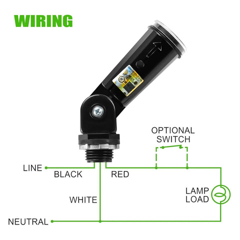 2 Pack Dusk To Dawn Photocell Sensor Switch wiring diagram, showing black, red, white lines, optional switch placement, UL listed