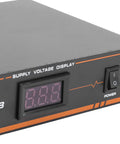 Close-up of the Ten Outlet Power Sequencer Conditioner With USB Charging Port showing voltage display and power switch.