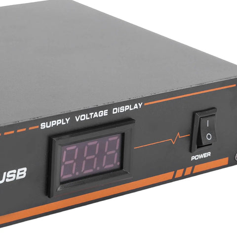 Close-up of the Ten Outlet Power Sequencer Conditioner With USB Charging Port showing voltage display and power switch.