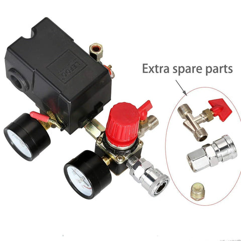 Secbolt pressure switch manifold regulator with two gauges and red knob on black housing