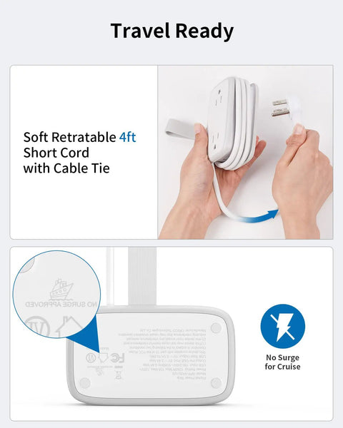 2 Pack Travel Power Strip With USB Ports 4 Outlets And 3 USB 4 Ft Short Extension Cord being held showing cable tie and no surge symbol