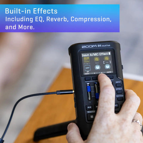 Multi Track Recorder For Musicians with hand adjusting settings, visible screen and controls, focus on built-in effects.