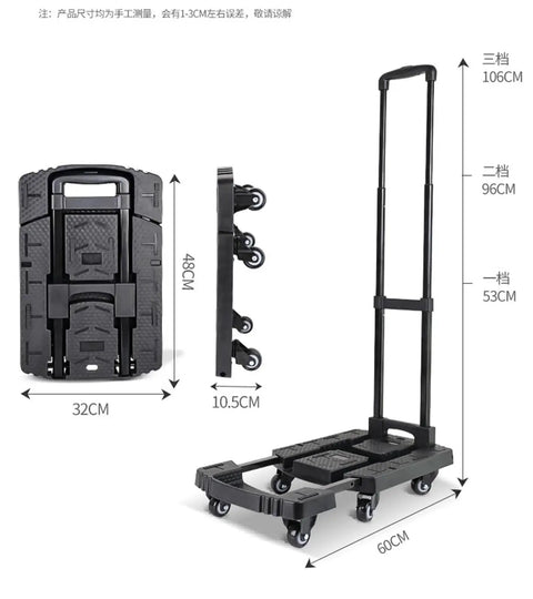 Foldable Moving Trolley For Easy Transport, Retractable Flatbed Sack Truck With 4 Swivel Front Wheels And 2 Fixed, Heavy Duty Utility Cart In Portable Blue, Great For Hauling And Storing At Home, Shop, Or Warehouse. folded and open with 106cm handle, 60cm base