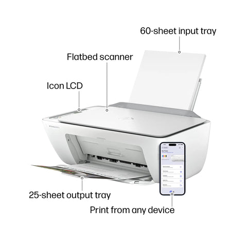 DeskJet 2827e Wireless All In One Color Printer With Scanner And Copier For Home Use AI Enabled 3 Month Instant Ink Trial Included Easy Setup Fast Color And Black Printing Great For Docs And Photos with 60-sheet input tray shown.