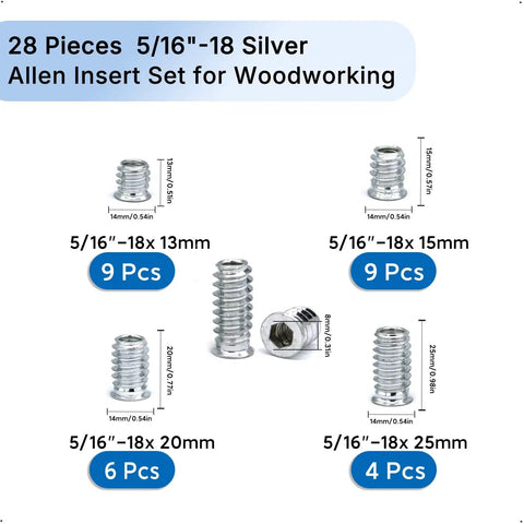 Top Shelf 28 Piece Zinc Plated Steel Threaded Inserts Kit Featuring 5/16 18 Allen Hex Socket Drive Furniture Nuts for Heavy Duty Woodworking Tasks Built Damn Tough with various sizes.
