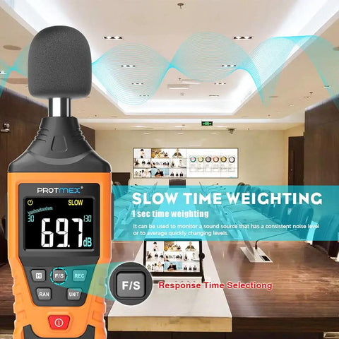 Digital Sound Level Meter With Temperature And Humidity Readouts 30 To 130 DB A Weighted Max Min Data Hold Large LCD