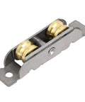 Heavy Duty Replacement Sliding Door Window Sash Pulley Wheels For Slick Slide Operation Dual Roller Setup Cuts Down On Dragging Frames Tough Brass And Stainless Steel Housing Comes In A 4 Piece Set, close-up view of dual brass wheels and stainless steel frame.