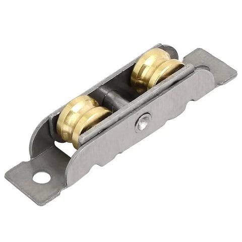Heavy Duty Double Roller Window Pulley Wheels For Slick Sliding Door Track Fixup With Stainless Steel And Brass Plating includes dual brass tone rollers.