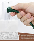 Hand plugging green cord with 24 Pack Loose Outlet Fix Plugs Snug Fit For Loose Wall Sockets Stop Wobble And Drop Outs in view