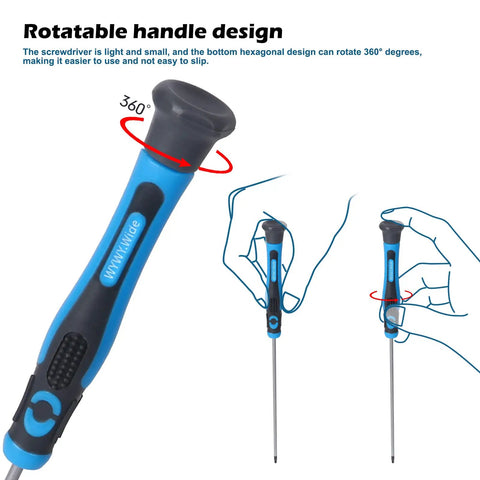 Rotatable handle of V Series Vacuum Disassembly Tool Set For V6 Through V15 Cleaners with ergonomic blue screwdriver.
