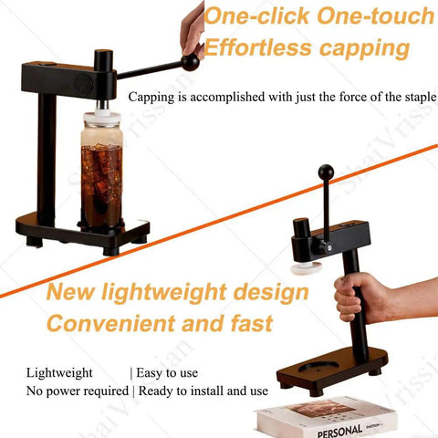 Easy Manual Can Sealer For Home Brewing And Beverage Preservation Fits All Standard Sizes With Secure Seal to Stop Spills Made From Light Aircraft Grade Aluminum, capping a bottle.