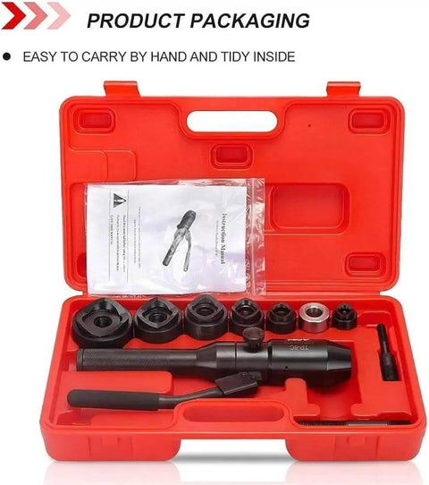 Portable Manual Hydraulic Hole Punch Kit With 6 Dies in red case, 360 Degree Rotating Conduit Cutter for metal sheets and electrical boxes