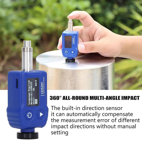 7 in 1 Hardness Tester Kit for Metals with Rockwell Scales HL HV HB HRC HRB HRA HS, Pro Grade Carbide Impact Probe, 9 Set Data Storage, Durable Durometer Meter for Manufacturing and Metal Processing, Model LS252C measuring metal hardness on a cylinder
