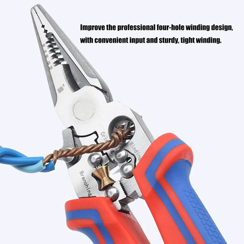 Premium Stainless Steel Wire Crimper And Stripper Tool For Electricians detail showing ergonomic grip and four-hole winding design.