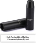 Eleven Piece Deep Impact Socket Set With One Half Inch Drive SAE Three Eighths To One Inch Six Point Flank Drive Drop Forged Chrome Vanadium With Black Phosphate Finish For Beefy Heavy Duty Auto Repair And Garage Projects showing two sockets with high-contrast size markings.