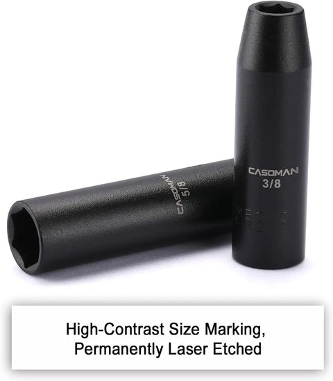 Eleven Piece Deep Impact Socket Set With One Half Inch Drive SAE Three Eighths To One Inch Six Point Flank Drive Drop Forged Chrome Vanadium With Black Phosphate Finish For Beefy Heavy Duty Auto Repair And Garage Projects showing two sockets with high-contrast size markings.