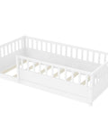 Stylish Twin Size Montessori Floor Bed Frame With High Safety Fence And Clean White Finish Great For Kids Room Vibe Or Cozy Lounge Spot While Staying Built Tough And Zero Hassle To Set Up Daily, showing solid white pine construction.