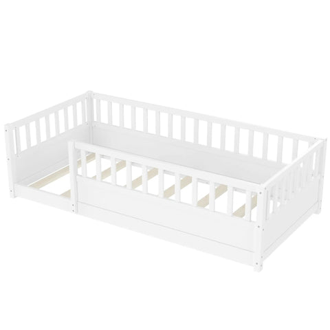 Stylish Twin Size Montessori Floor Bed Frame With High Safety Fence And Clean White Finish Great For Kids Room Vibe Or Cozy Lounge Spot While Staying Built Tough And Zero Hassle To Set Up Daily, showing solid white pine construction.
