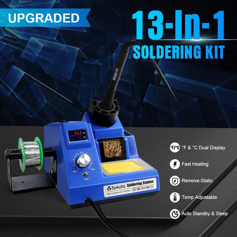DS90 Dual Digital Soldering Station Kit with 90W Iron, blue version, featuring dual display, temp control, and anti static grounding wire.