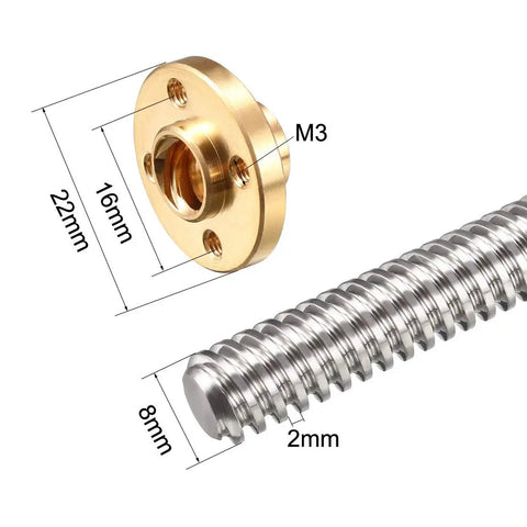 8Mm Diameter 100Mm Stainless Steel Lead Screw Rod With Copper Nut For 3D Printer Z Axis 2 Pack, showing trapezoidal thread dimensions