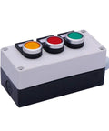 Momentary Push Button Switch 22mm 1NO 1NC with red yellow green buttons shown in box pack