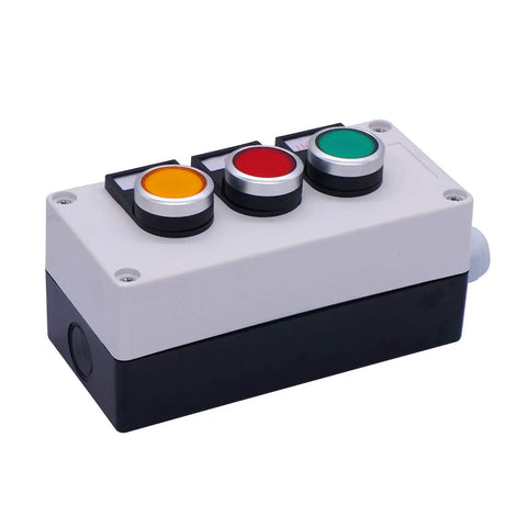 Momentary Push Button Switch 22mm 1NO 1NC with red yellow green buttons shown in box pack