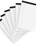 Six 5x8 Legal Pads For Work And School, 80 GSM Paper, College Ruled Notepads, 30 Sheets Each, 6 Pack arranged in a fan shape.