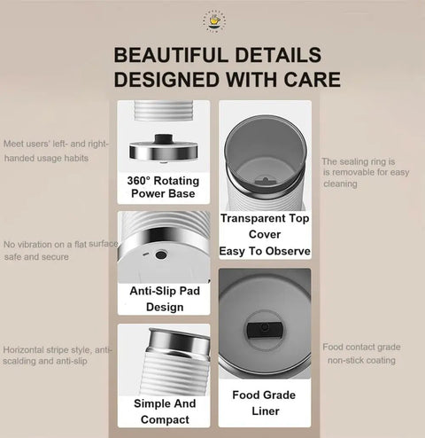 Features and design details of fully automatic milk frother for hot or cold foam, electric milk warmer, quiet, easy to clean.