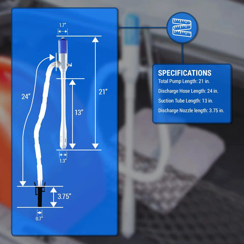Heavy Duty Battery Powered Gas Transfer Pump With Smart Auto Shut Off No Drip Siphon Hose dimensions and specifications diagram.