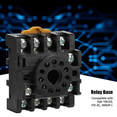Front view of 11 Pin Delay Timer Relay Socket Base For JQX-10F JTX-2C Time Relay, black durable plastic housing with screw terminals.
