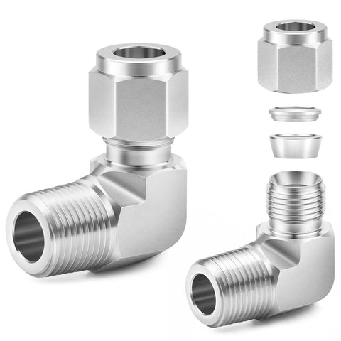 304 Stainless Steel 3/8 Inch Tube OD To 1/4 Inch NPT Male 90 Degree Elbow Compression Fitting Union Connector, components visible