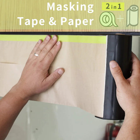 Applying Pre Taped Masking Paper For Painting With Tape In One Roll 18 Inch By 50 Feet Quick Setup Drape Paper on surface.