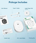 Package contents for No Sweat Bluetooth Label Maker Mini Thermal Printer Pocket Sized Wireless Labeling Machine including manual, cable, label paper.