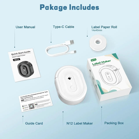 Package contents for No Sweat Bluetooth Label Maker Mini Thermal Printer Pocket Sized Wireless Labeling Machine including manual, cable, label paper.