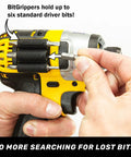 Hands holding a drill with BitGripper V2 Side Mount Drill Bit Holder Pack Of Four With Ultra Strong 3M Adhesive attached.