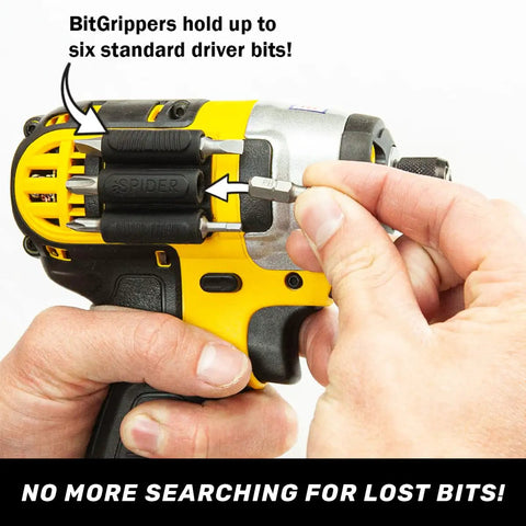 Hands holding a drill with BitGripper V2 Side Mount Drill Bit Holder Pack Of Four With Ultra Strong 3M Adhesive attached.