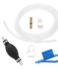 No Sweat Manual Gas Siphon Pump For Effortless Fuel And Oil Transfer With Heavy Duty Dual Pvc Hoses And Smart Check Valve, parts laid out.