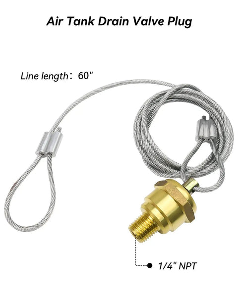 2 Pack One Quarter Inch NPT Air Tank Drain Valve With Sixty Inch Cable For Air Brake Reservoir And Air Compressor Drain On Big Rig Semi Trucks Replacement Compatible With 12105 N3613AD, brass valve with 60 inch cable