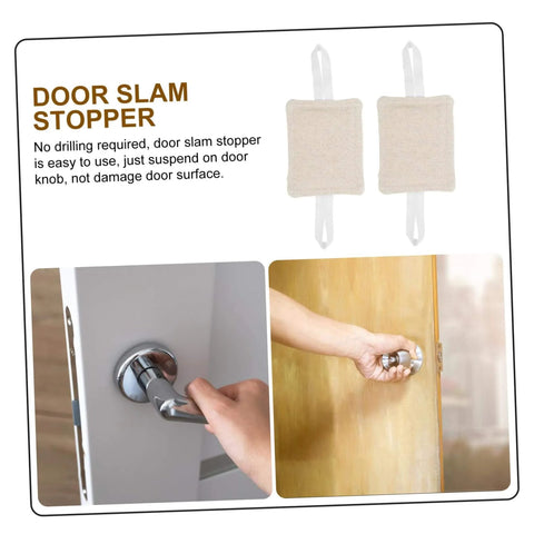 Heavy Duty Door Silencers Set For Bedroom And Nursery Two Sets Of Three Door Slammers Anti Slam Dampers Easy Installation No Tools Required Noise Reduction Cushions Protect Doors From Damage And Create Quiet Concentration And Focus In Living Spaces shown in use on door knobs, beige color, with hanging design.