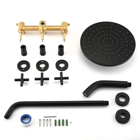 Matte Black 10 Inch Rainfall Shower Head With Tub And Shower Trim Kit And Rough In Valve, Wall Mount Rain Shower System