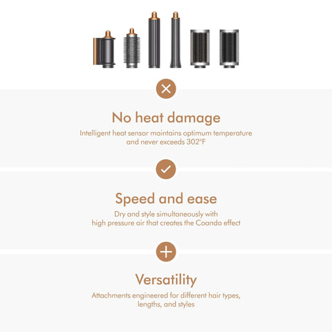 Image showing Airwrap Multi-Styler attachments, highlighting no heat damage, speed and ease with 6-in-1 versatility.
