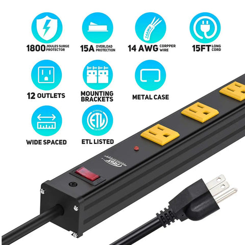 Heavy Duty Surge Protector With 12 Wide Spaced Outlets And 15 Foot Extension Cord Mounting Brackets 1800 Joules Protection