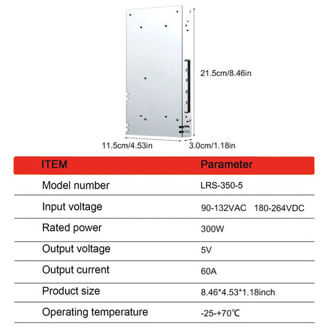 Heavy Duty 350W Switching Power Supply Powers Your Automation Setup With Rock Solid 5V At 60 Amps While Supporting Dual Voltage Input, side view with dimensions.