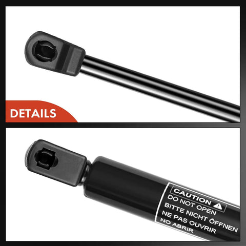 Front Hood Lift Support Spring Struts for Cadillac STS 2005 2011 Sedan close-up of gas spring and caution label