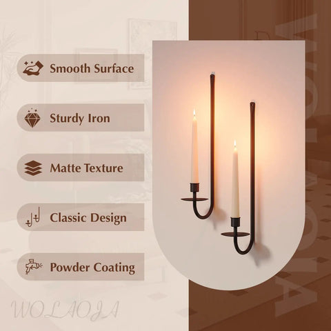 Rock Solid Black Iron Wall Candle Sconces Set Of Two, matte finish, powder-coated wall mounts with taper candles, modern design.