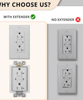 Two Gang Non Metallic Electrical Outlet Box Extender ETL Listed White Receptacle And Switch Box Extender Fire Rated For Two Hours Includes Mounting Screws 1 Pack comparison view with and without extender