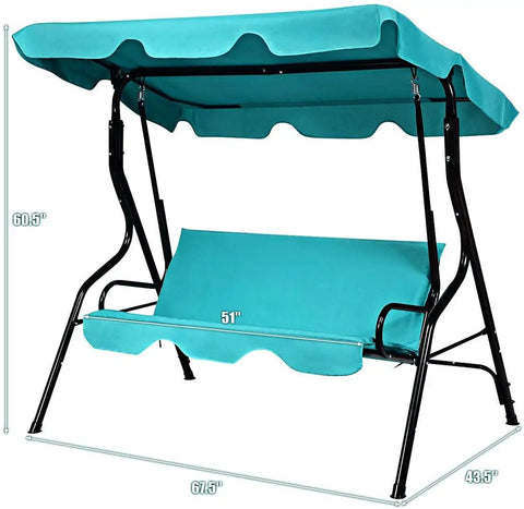 Turquoise Three Seater Canopy Swing Chair with Cozy Cushioned Seat and Adjustable Removable Canopy for Outdoor Patio Garden Waterproof Steel Frame