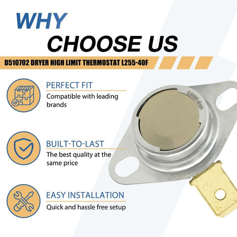 D510702 Dryer High Limit Thermostat L255-40F with installation benefits and features graphic