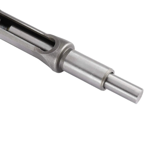 Close-up of a single drill bit from the Pro Grade 7 Piece Square Hole Mortise Drill Bit Set HSS Woodworking Chisel Bits For Mortising DIY Friendly Tools Quarter Inch To Three Quarters Inch With Durable Plastic Case, showing the metal construction.