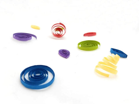 Colorful spirals crafted with Pro Grade Bead Roller Quilling Tool With One Eighth Inch Slotted Metal Winding Pin For Paper Jewelry Making Solid Wood Handle Color Coded End Blue Full Length Slotted Pin For Easy Crafting Of Tiny Paper Beads